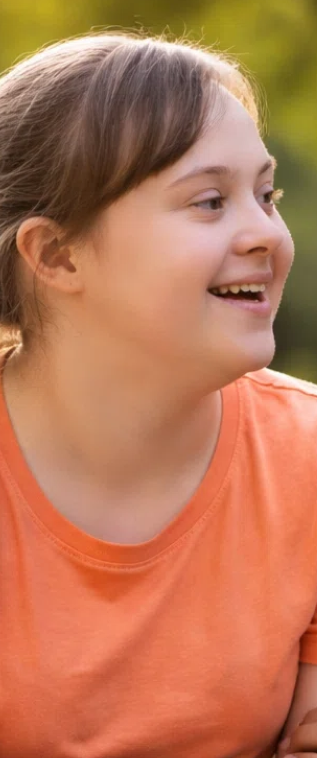 Smiling young girl with brown hair tied back with a pink scrunchie wearing an orange shirt outdoors.