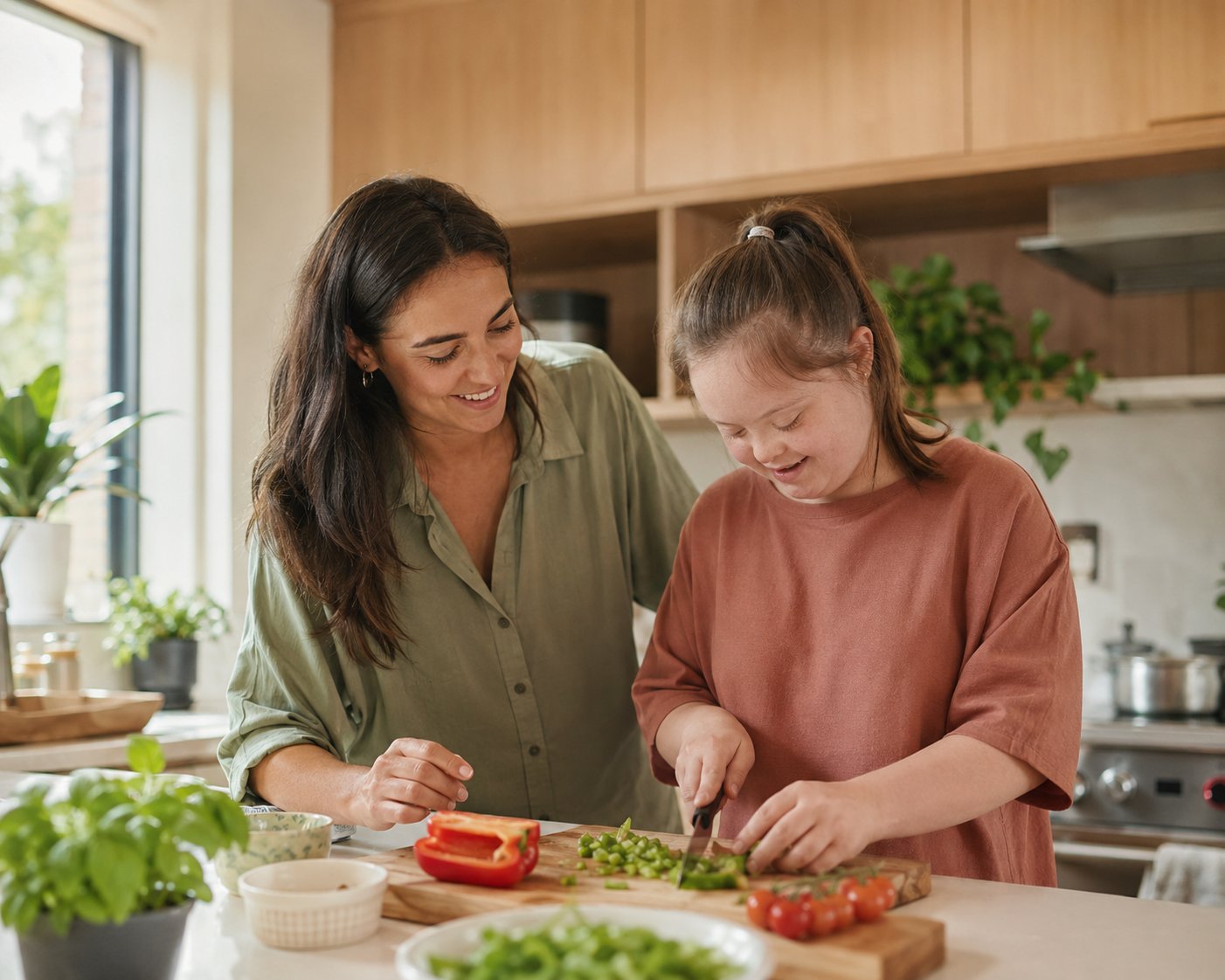 A support worker and a young participant cooking together in a sunlit home kitchen
