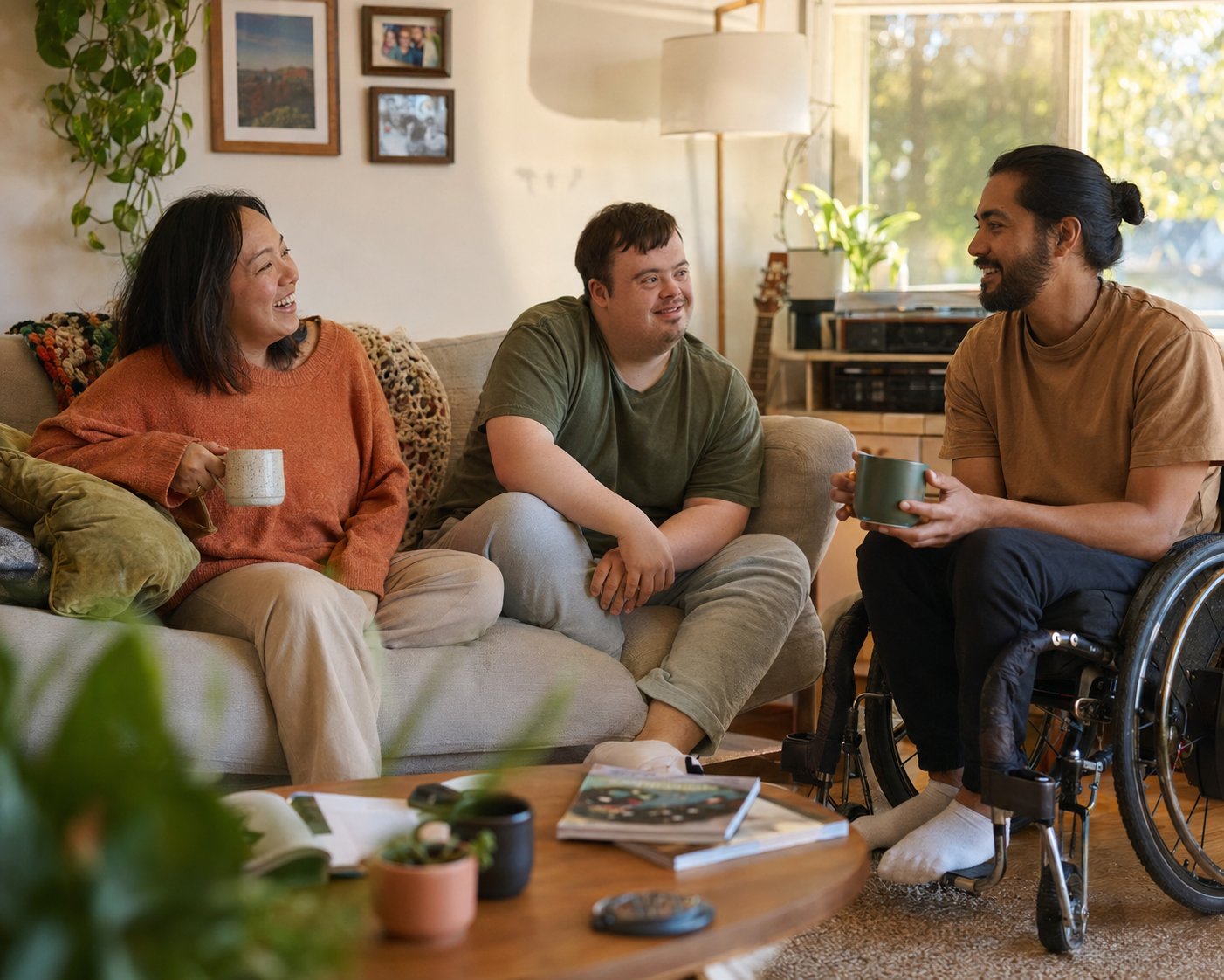 Three housemates sharing coffee and conversation in their warm shared living room