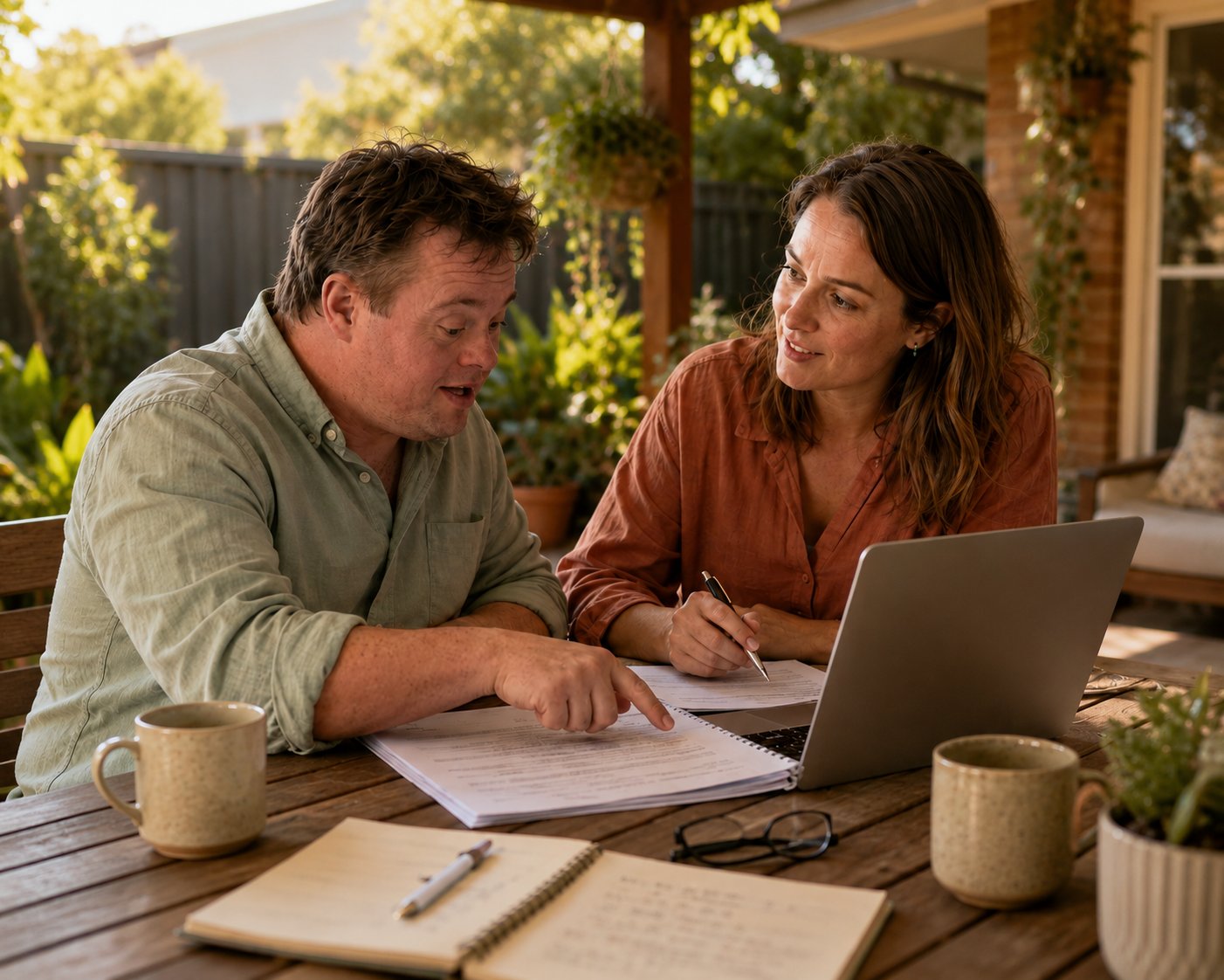 A support coordinator and a participant working through plan documents together at an outdoor table