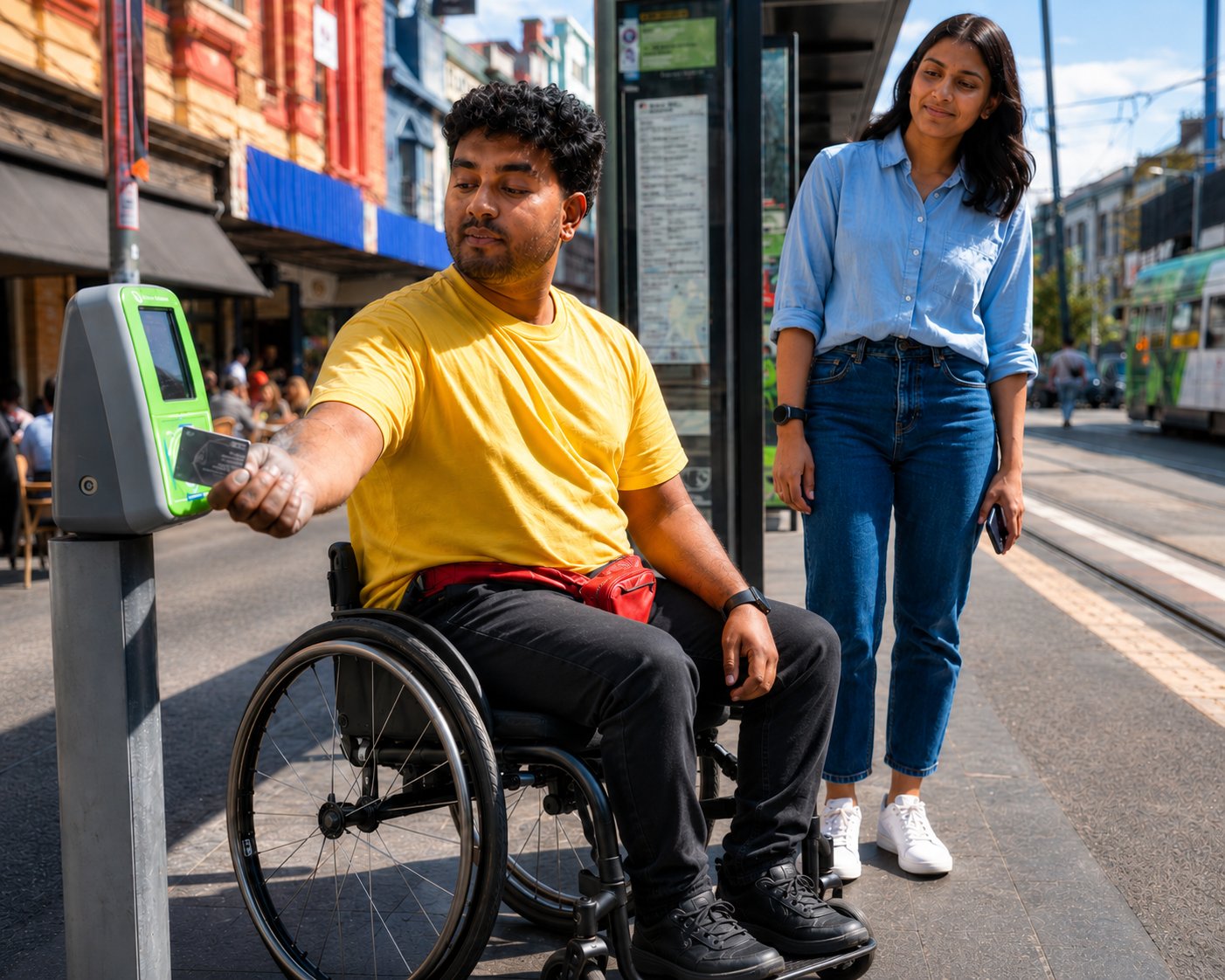 A participant in a wheelchair confidently tapping their Myki card at a Melbourne tram stop, support worker nearby