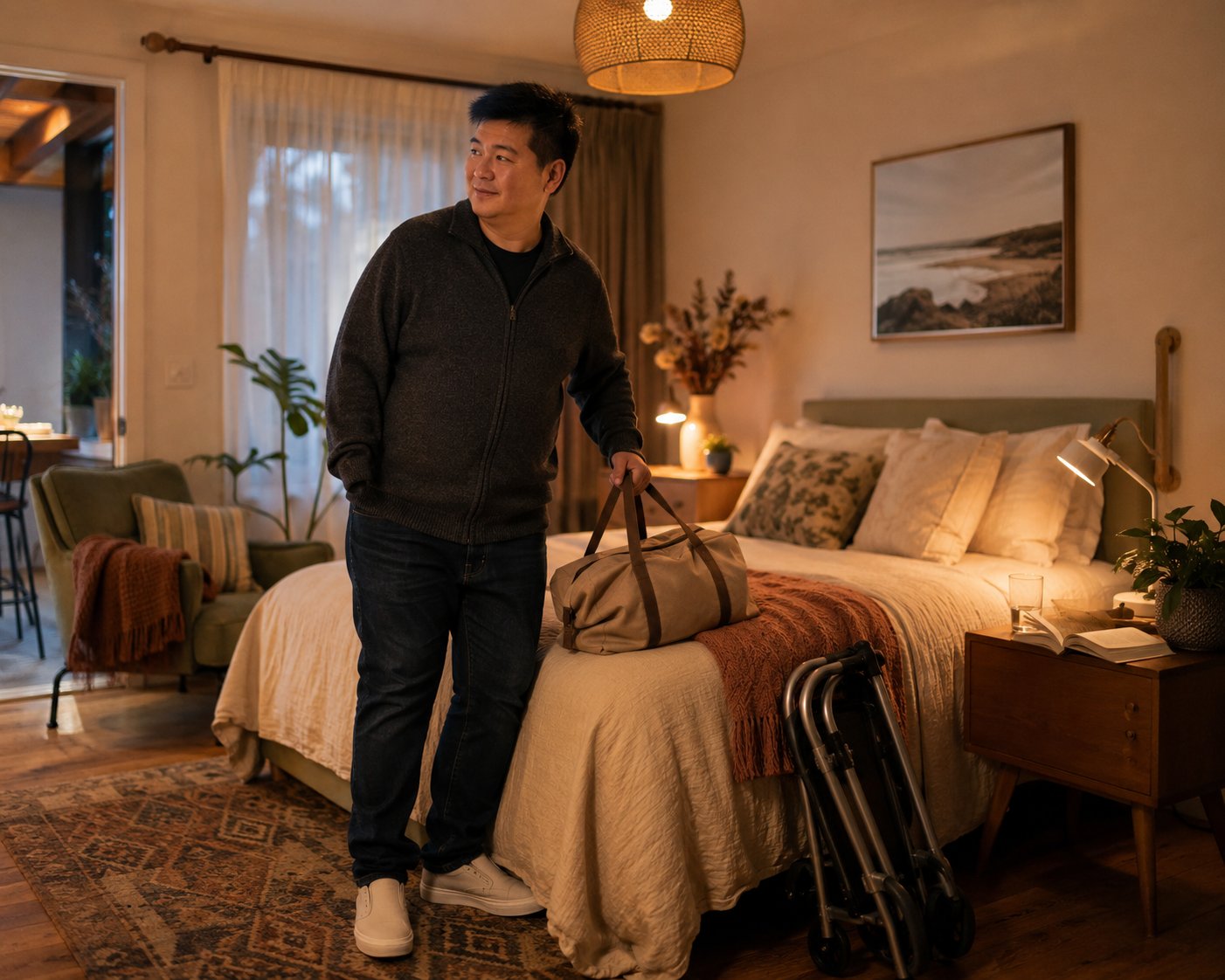 A participant arriving at a warm, welcoming short-term accommodation room with their overnight bag